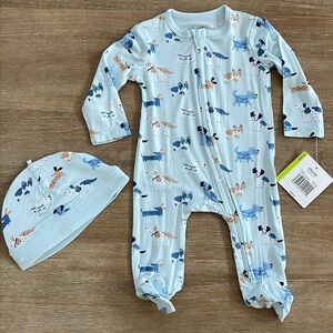 Little Me Baby Boy Bamboo Footie Sleeper Blue Dogs Hat 3 6 9 months